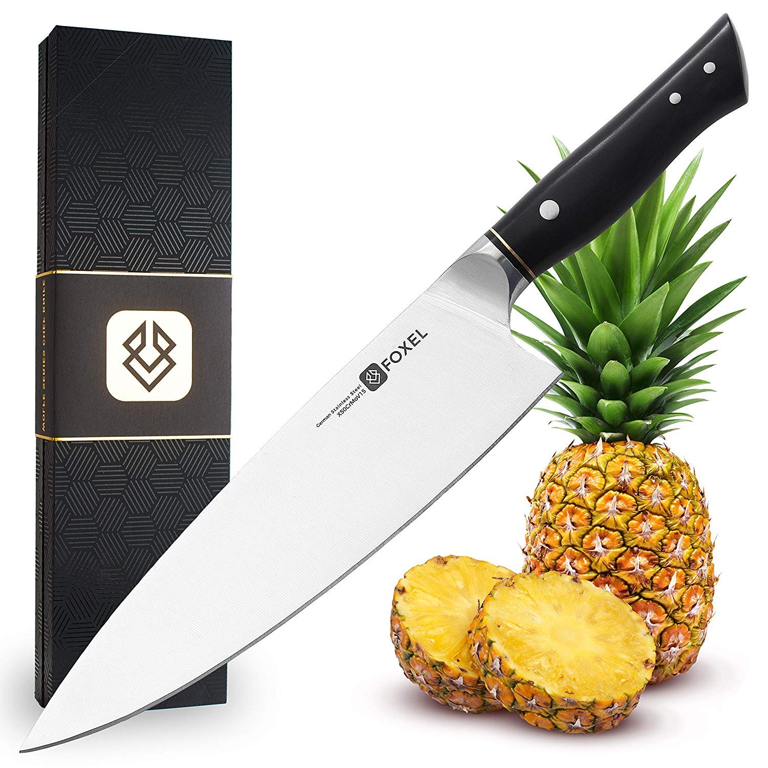 Kitchen Chefs Knife - Chef Knives Professional 9 inch – Razor Sharp High Carbon German Steel - Foxel LYNX Series Combines Beauty with Versatility – Ergonomic Black Handle – Presentation Gift Box