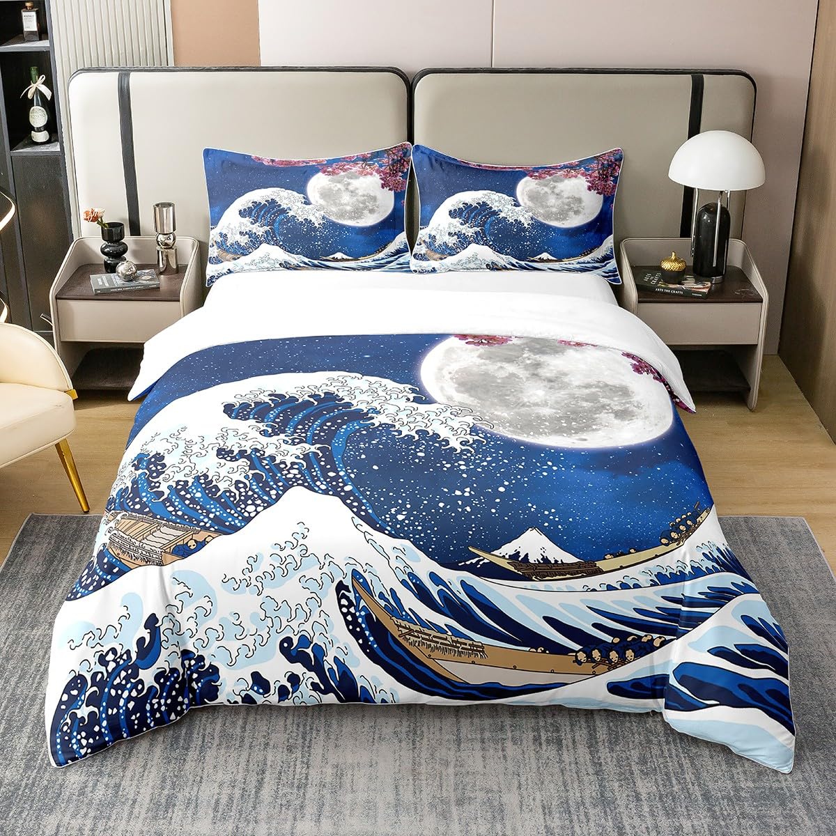 Homewish 100% Washed Cotton Japanese Style Duvet Cover,Japan Ukiyoe Bedding Set,Nautical Ocean Wave Comforter Cover for Kids Adult,Pink Cherry Blossom Bed Sets with 2 Pillowcases,King
