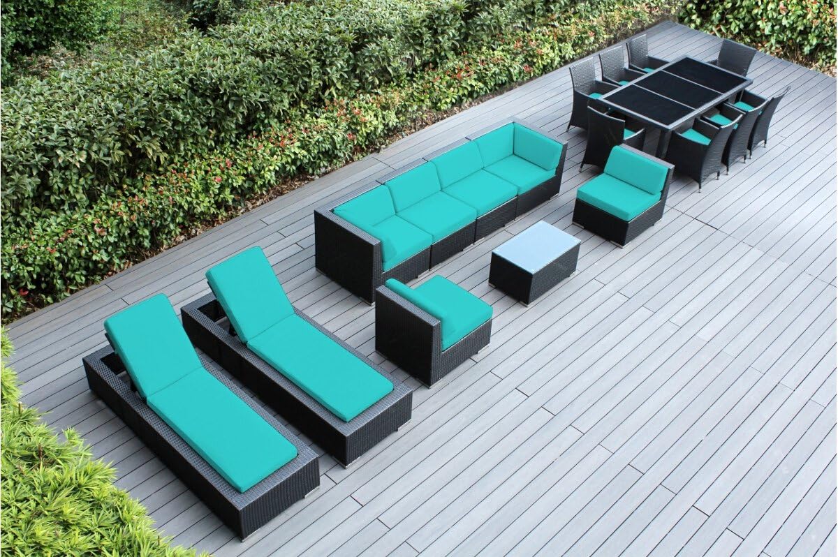 Genuine Ohana Outdoor Sectional Sofa and Dining Wicker Patio Furniture Set with Free Patio Cover (18 pc Set/Aruba)