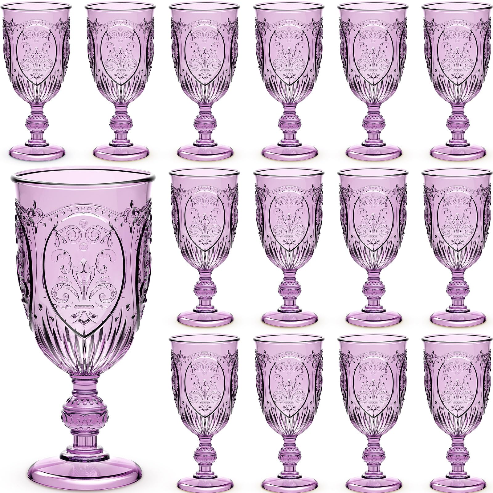 Photo 1 of Wiwiqing 24 Pcs Plastic Goblets 7.5oz Vintage Goblet Plastic Wine Glasses Colored Retro Embossed Water Goblets for Wine Bar Juice Baby Shower Wedding Reception Grand Event Party (Purple)