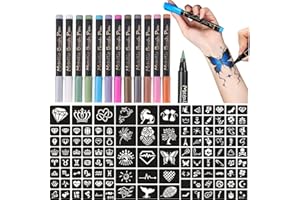 BETYTATTOO Temporary Tattoo Markers for Skin - Dual-End Tattoo Pens for Body & Face Art with 111 Tattoo Stencil Papers, 12 Pens Make Bold and Fine Lines, Cosmetic Quality(BETY-6)