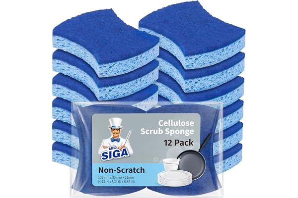 MR.SIGA Non-Scratch Cellulose Scrub Sponge, Dual-Sided Dishwashing Sponge for Kitchen, 12 Pack