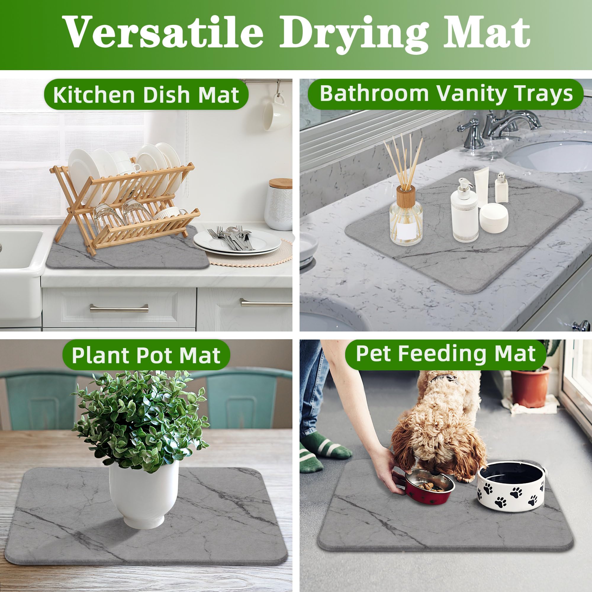 Yukee Stone Dish Drying Mat for Kitchen Counter, Quick Dry Ultra Absorbent Heat Resistant Eco Friendly Diatomaceous Earth Stone Drying Mat for Tableware Bottles Cups Dishes Drying Pad