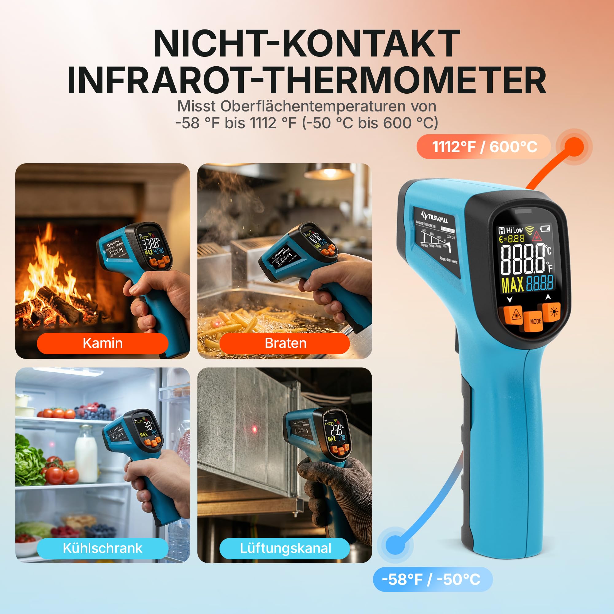 Tilswall Infrarot Thermometer(nicht für Menschen) -50°C bis 600°C IR Digital Laser Temperaturmessgerät für Kochen/Barbecue/Pizza Oven/Gefrierschrank/Industrie (Fleischthermometer inklusive) 3