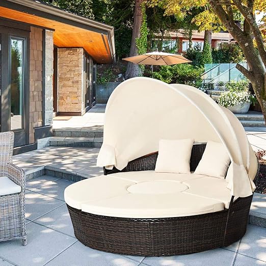 Amazon Com Lounge Set Rattan Round Sun Bed Canopy Umbrella Wicker Brown Sunbed Daybed Sofa Chair W Coffee Table Furniture Outdoor Garden Pool Party Kitchen Dining