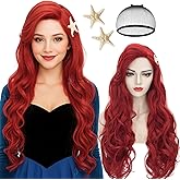 Wiggy Mermaid Wig + Starfish Hairpin Women Red Long Curly Wavy Cosplay Wigs Heat Resistant with Bangs Cap for Halloween Party Costume