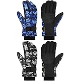Wenouy 2 Pairs Kids Winter Snow Gloves Waterproof Windproof Warm Fleece Boys Girls Ski Gloves Outdoor Cold Weather