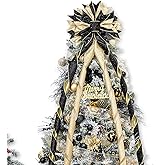 Hismir Christmas Tree Topper Bow, 53x13 Inches Large Christmas Bow with Glitter Streamer, Decorative Ribbon Bows for Xmas Tree Wreath Door Festival Home Decor(Black & Gold)