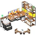 AODK 79 inch L Shaped Desk with File Drawers, Reversible L Shaped Gaming Desk with Power Outlets & LED Lights, Computer Desk with Storage Shelves for Home Office, Vintage
