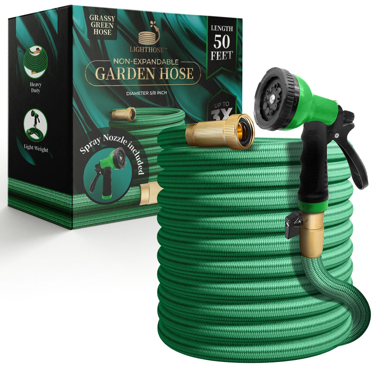 Photo 1 of LightHose Garden Hose, NON-EXPANDABLE Garden Hose, Super Light Weight Hose, No Burst, 3/4 inch Solid Brass Connectors, 50 Ft, Grassy Green