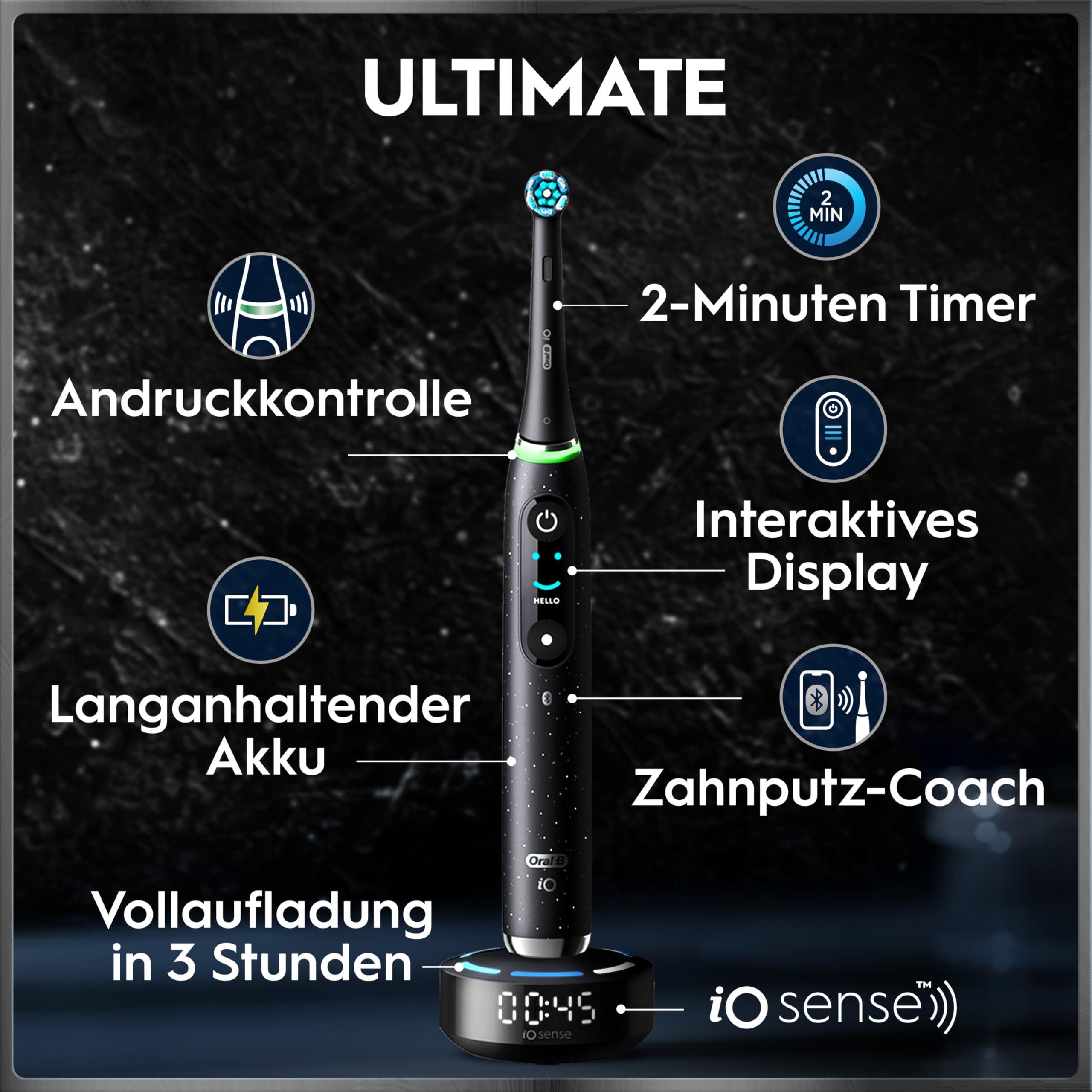 Oral-B iO Series 10 Elektrische Zahnbürste — Electric Toothbrush, Inkl. 3 Aufsteckbürsten, iOSense, Lade-Reise-Etui — 7 Putzmodi für Zahnpflege, Zahnbürste Elektrisch, Designed by Braun, Schwarz 4
