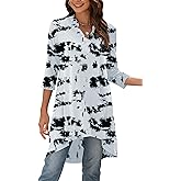 Naggoo Women's 3/4 Sleeve Notch V Neck High Low Loose Fit Long Tunic Tops Shirts Blouses M-3XL