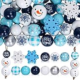 Whaline 210Pcs Blue Wooden Beads Winter Snowman Wood Beads with Hemp Rope Snowflakes Colorful Round Wood Craft Bead Farmhouse Rustic Tiered Tray Decor Garland for Xmas DIY Making 12 Styles