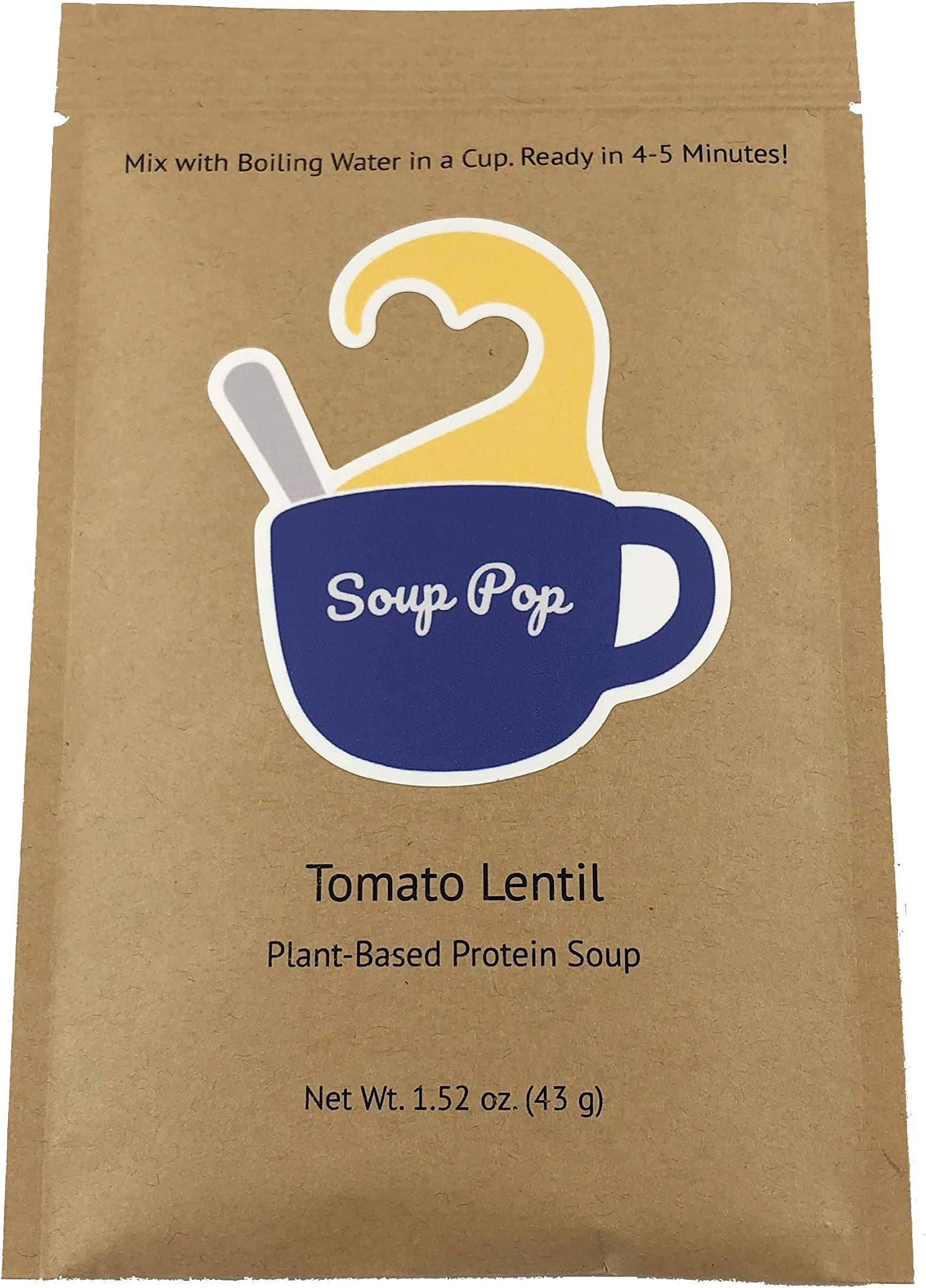 Soup Pop Instant Vegan Soup, Plant-Based Protein, Single-Serving, Value Pack (Pack of 6) (Tomato Lentil)