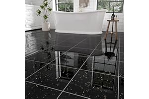 ZRJT 30-Pack 30 Sq.Ft Peel and Stick Floor Tiles Vinyl Glossy Pattern Flooring, 12” x 12” Self Adhesive Vinyl Flooring DIY for Kitchen, Bathroom, Laundry, Polish Black Galaxy Marble