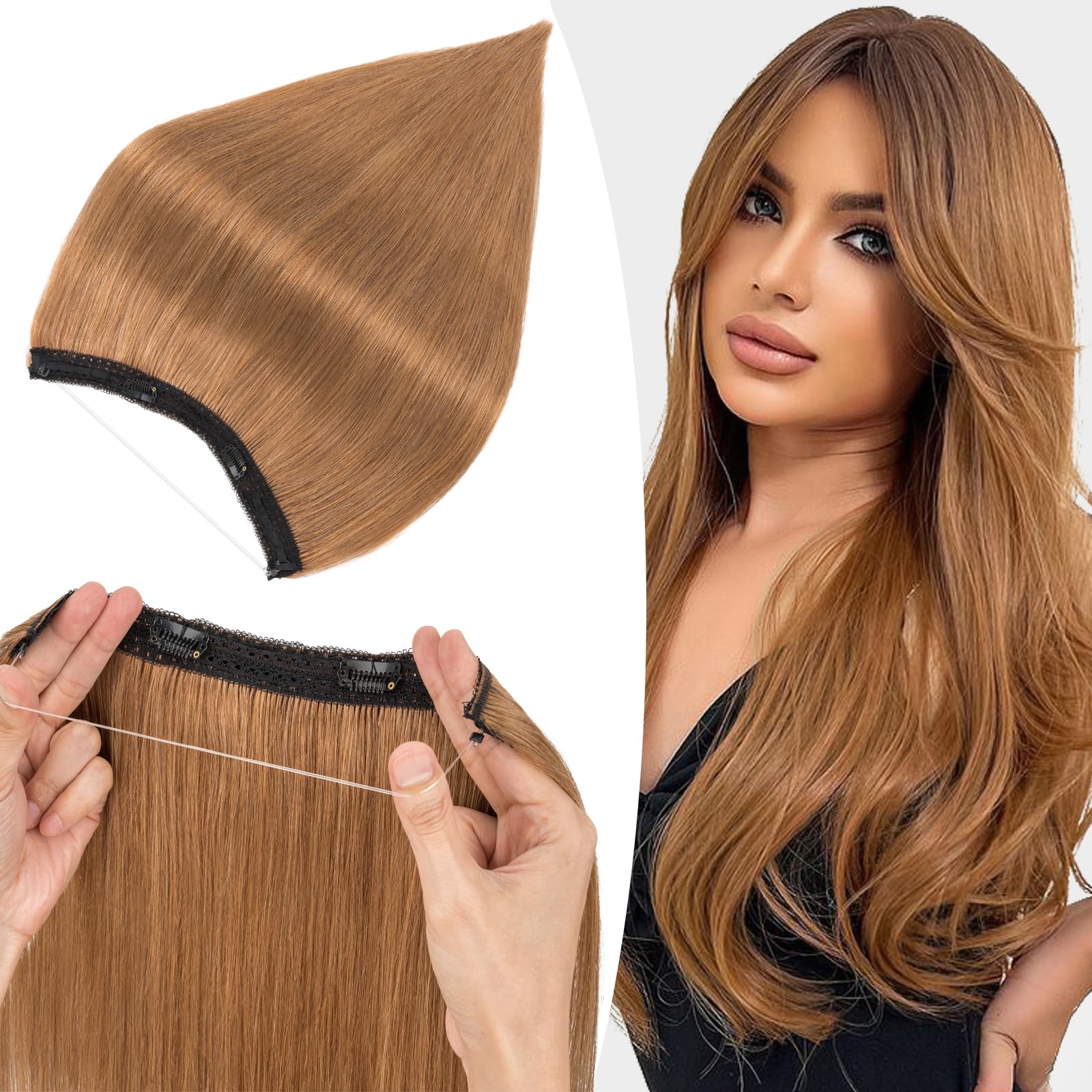 S-noilite Wire Hair Extensions Human Hair Light Brown Invisible Fish Line Hair Extensions Real Hair One Piece Human Hair Extensions 18 Inch 65g — image 1