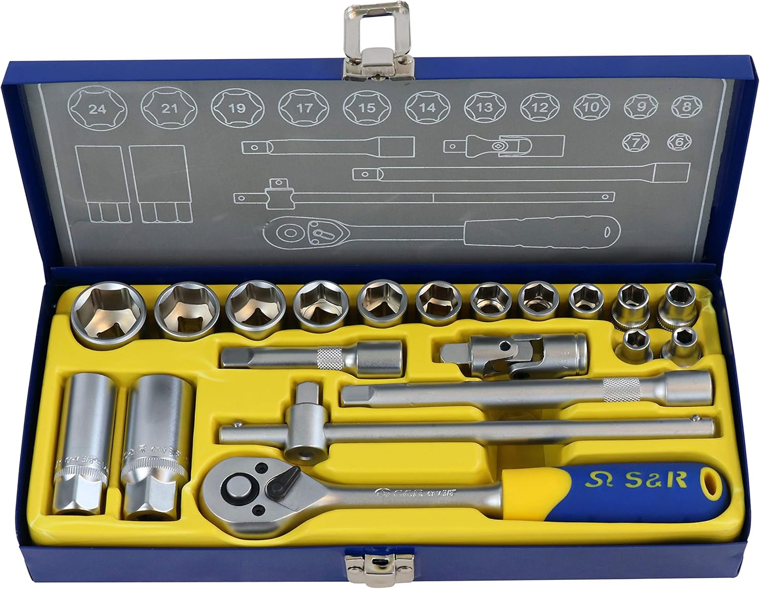 S&R 20-Piece Socket Set 3/8" in Metal Box - Professional Quality with Lock-Drive Profile for Precise and Safe Use