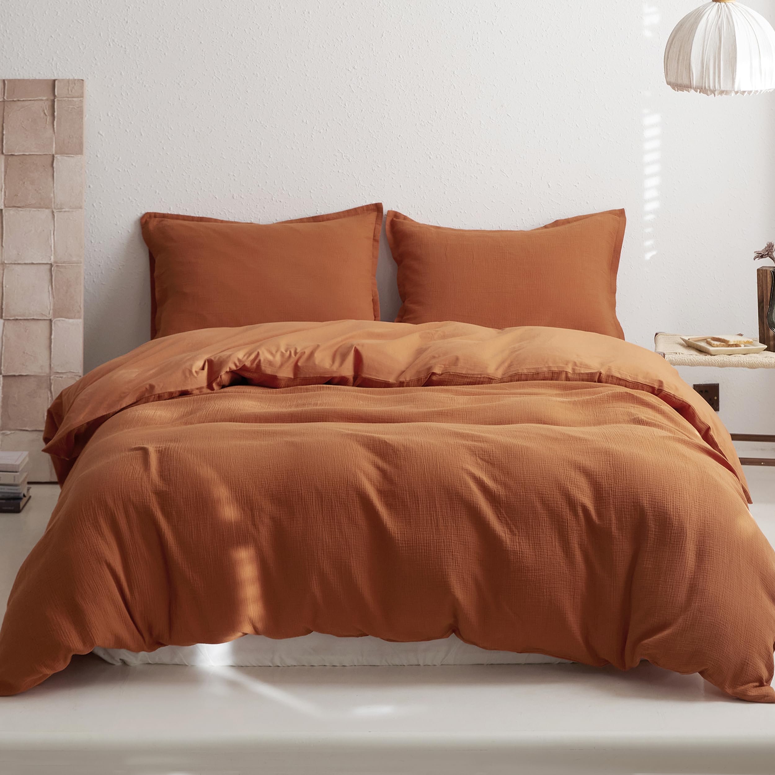 Simple&Opulence Muslin King Duvet Cover Set, 100% Cotton Ultra Soft and Lightweight Textured Puckering Bed Duvet Cover with 2 Pillowcases (230×220cm, Burnt Orange)