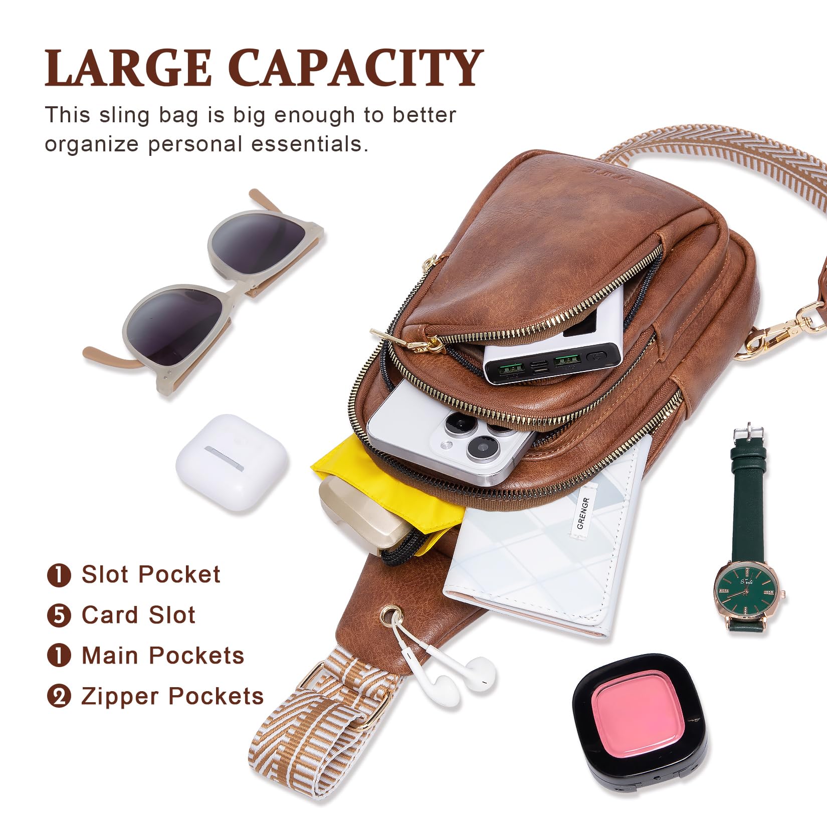 VNINE Small Sling Bag for Women Men Leather Crossbody Bags Fashionable Sling Backpack with Three Pocket Fanny Packs Chest Bag with Adjustable Strap (Brown)