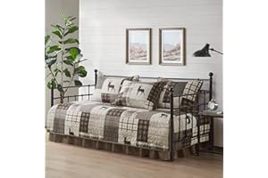 WOOLRICH JOHN RICH & BROS. Woolrich Daybed Cover Set - Cabin Lifestyle, Patchwork with Moose Design All Season, Lightweight and Breathable Cozy Bedding Layer with Bedskirt, Matching Shams, 39" W x 75" L, Woodshed Brown 5 Piece