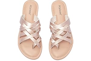 Ataiwee Women's Slide Flat Sandals - Comfortable Slip On Plait Toe Thong Strappy Spring Summer Shoes.