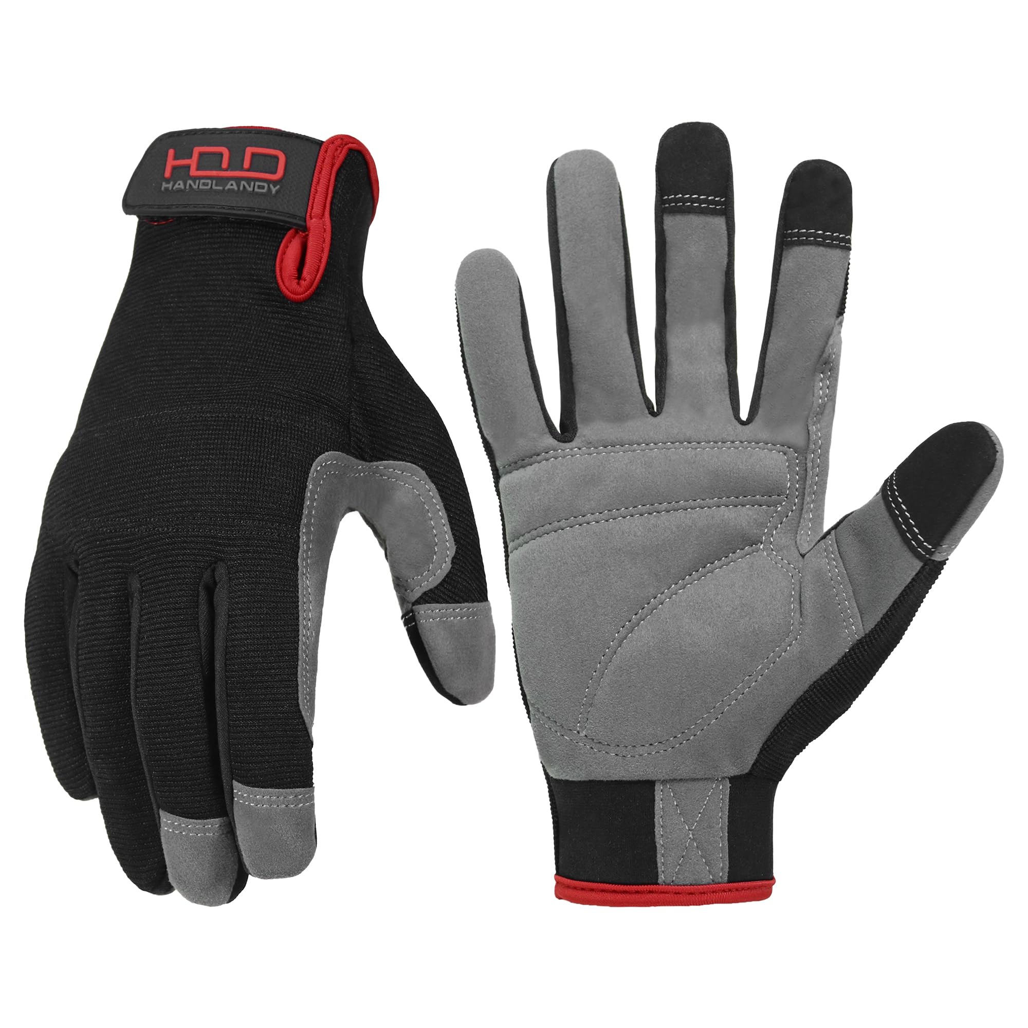 HANDLANDY Mens Utility Work Gloves, Flexible Mechanic Gloves Touch Screen，Breathable Spendex Back, Padded Knuckles & Palm (XL, Black)