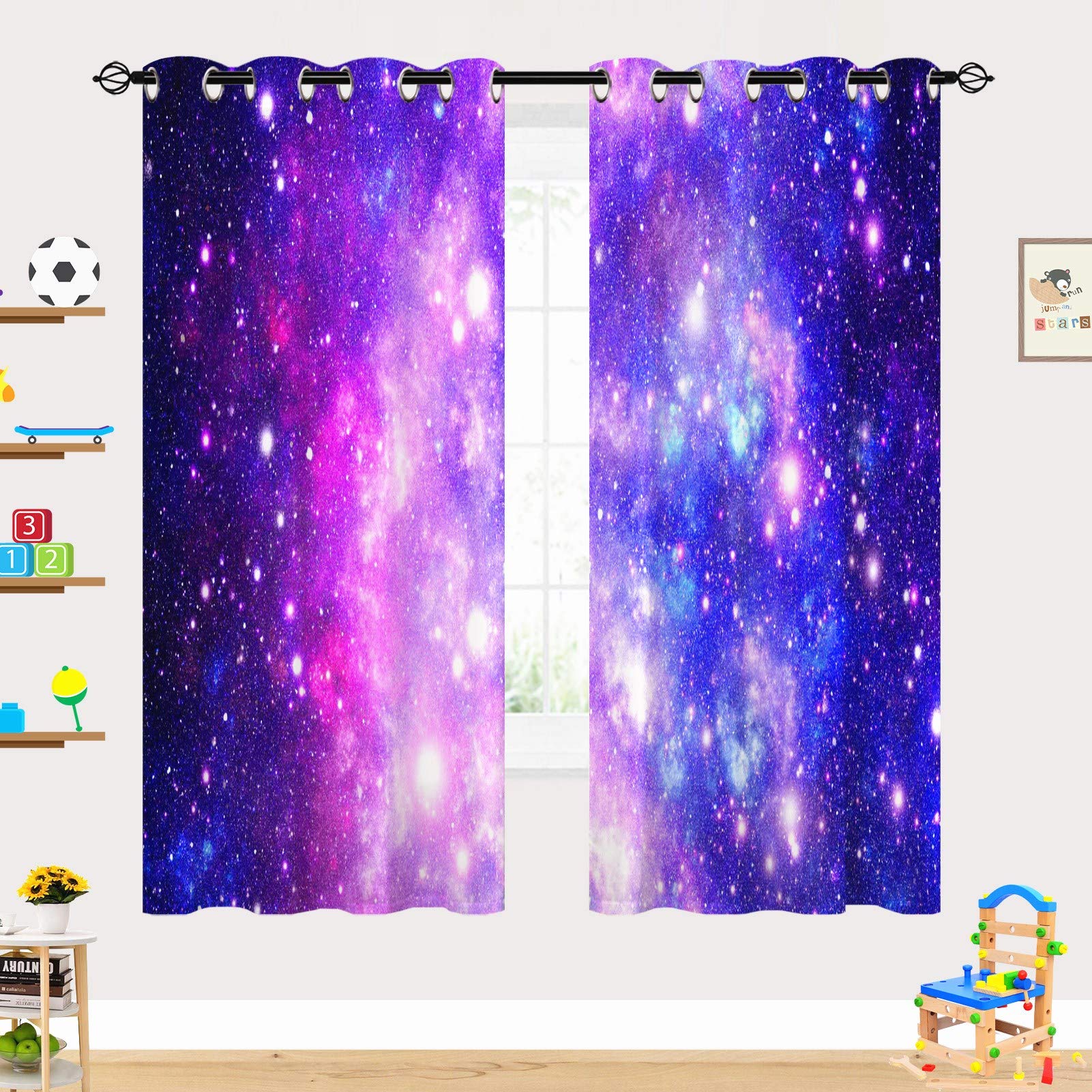 YUANZU Space Curtains Universe Galaxy Stars Nebula Starry Sky Planet Print Pattern Eyelet Blackout Thermal Insulated & Room Darkening Window Drapes for Kids Boys Girls Bedroom 2 Panels W117cm x D137cm