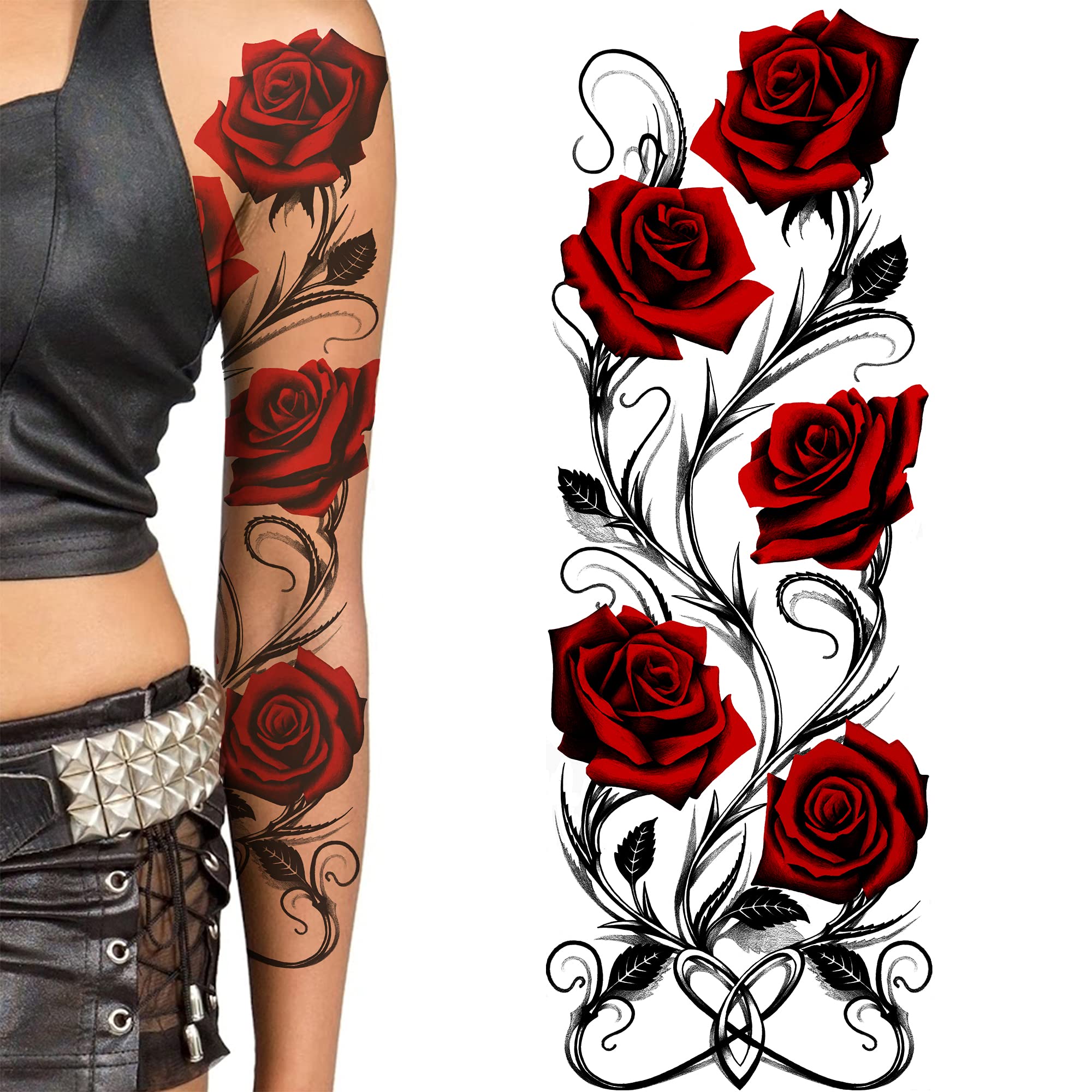 Temporary tattoo sleeve for women Stick on flower rose flora flowers adult temporary tattoo sticker transfer female body art realistic waterproof rockstar biker goth legs festival