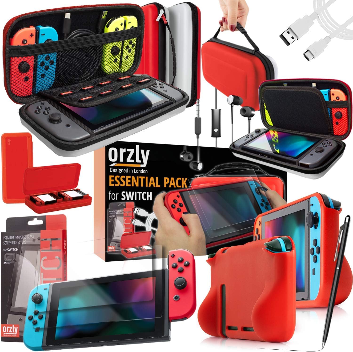Orzly Switch Accessories Bundle Carry Case & Glass Screen Protectors for Nintendo Switch, USB