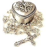 elegantmedical HANDMADE Silver rose beads Catholic 5 DECADE Rosary case Cross Gift Box Italy crucifix cross