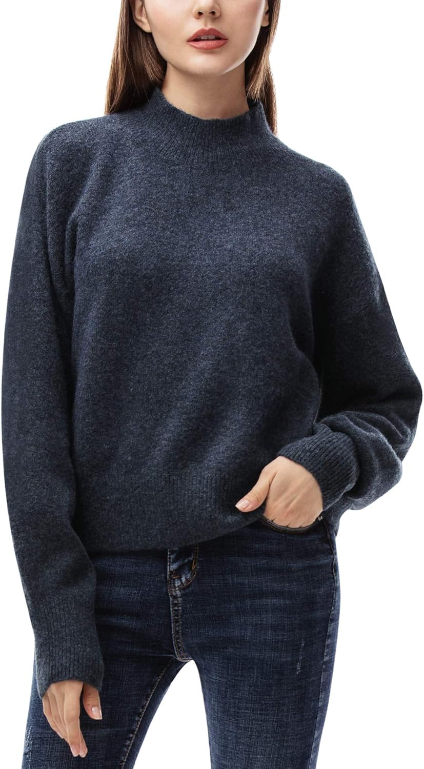 Woolen Bloom Women Mock Neck Loose Sweater Pullover Long Sleeve