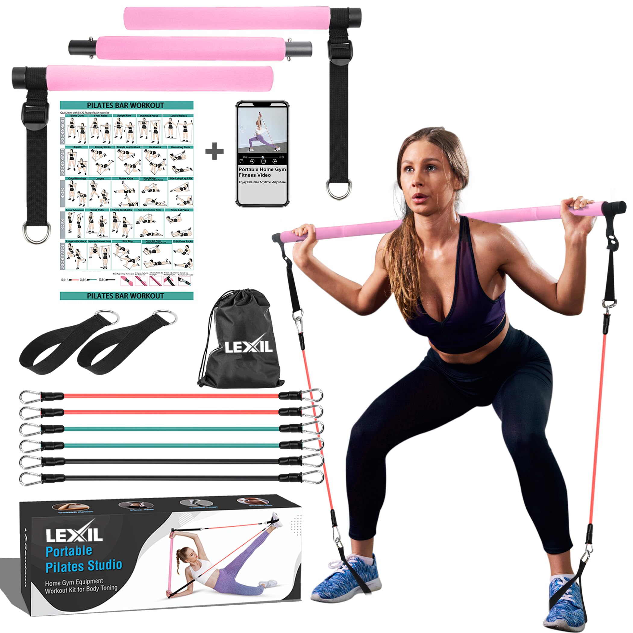 Portable Pilates Bar Exercise Kit-Stackable Pairs of Resistance