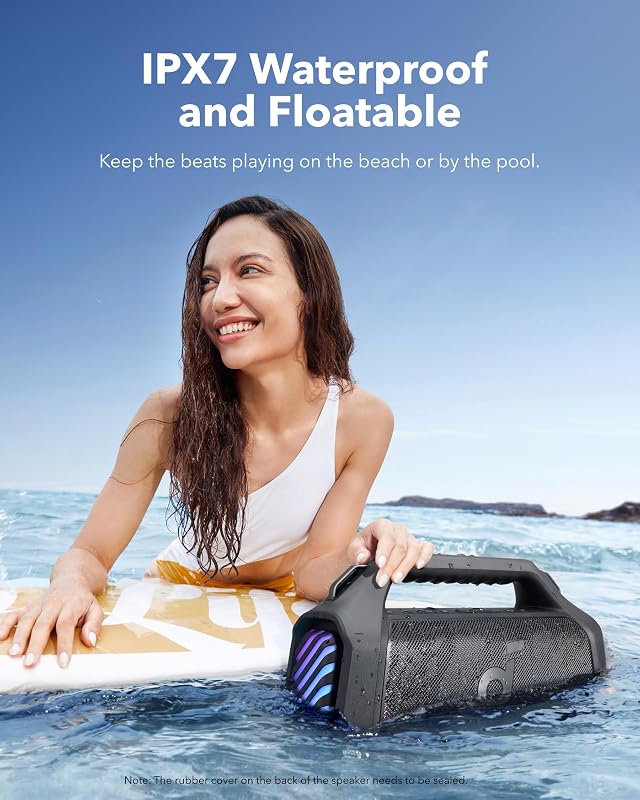 Soundcore boom 2 plus potente alto-falante bluetooth, 140 w com 2 + 2 canais estéreo, bassup 2.0, carregamento rápido de 30 w, 20 h de autonomia, ipx7, flutuante, luzes rgb, usb-c, equalizador personalizado, bluetooth 5.3