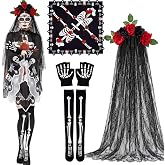 WILLBOND 4 Pcs Day of The Dead Skeleton Costume Accessories Set for Women | Halloween Outfit with Rose Lace Veil, Skull Poncho, over The Knee Hign Socks, Gloves for Adult, Dia De Los Muertos