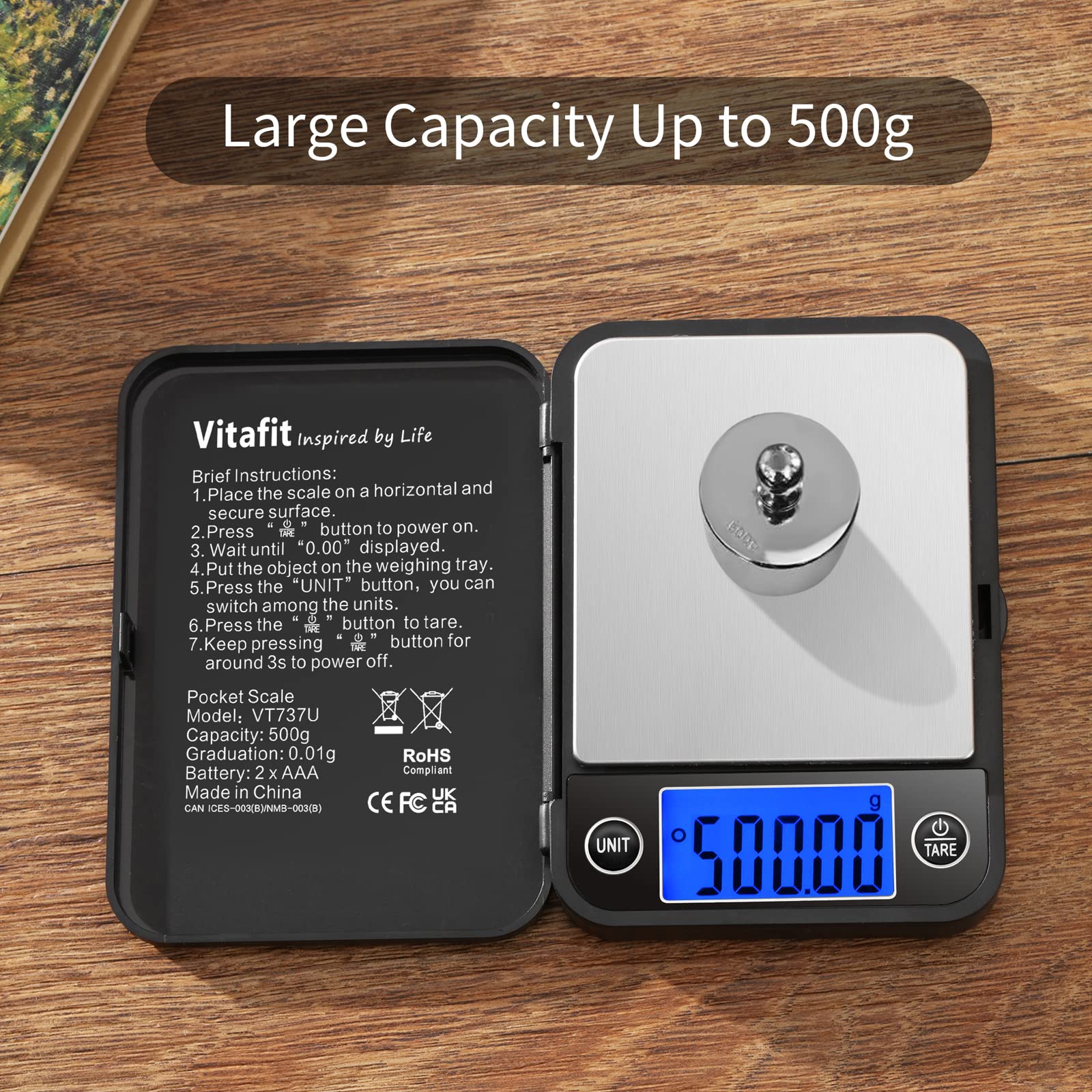 Vitafit 500g/0,01g Digitale Taschenwaage,Feinwaage,Digital Gramm Waage,Goldwaage Münzwaage mit LCD-Anzeige,Schmuckwaage,Schwarz 3