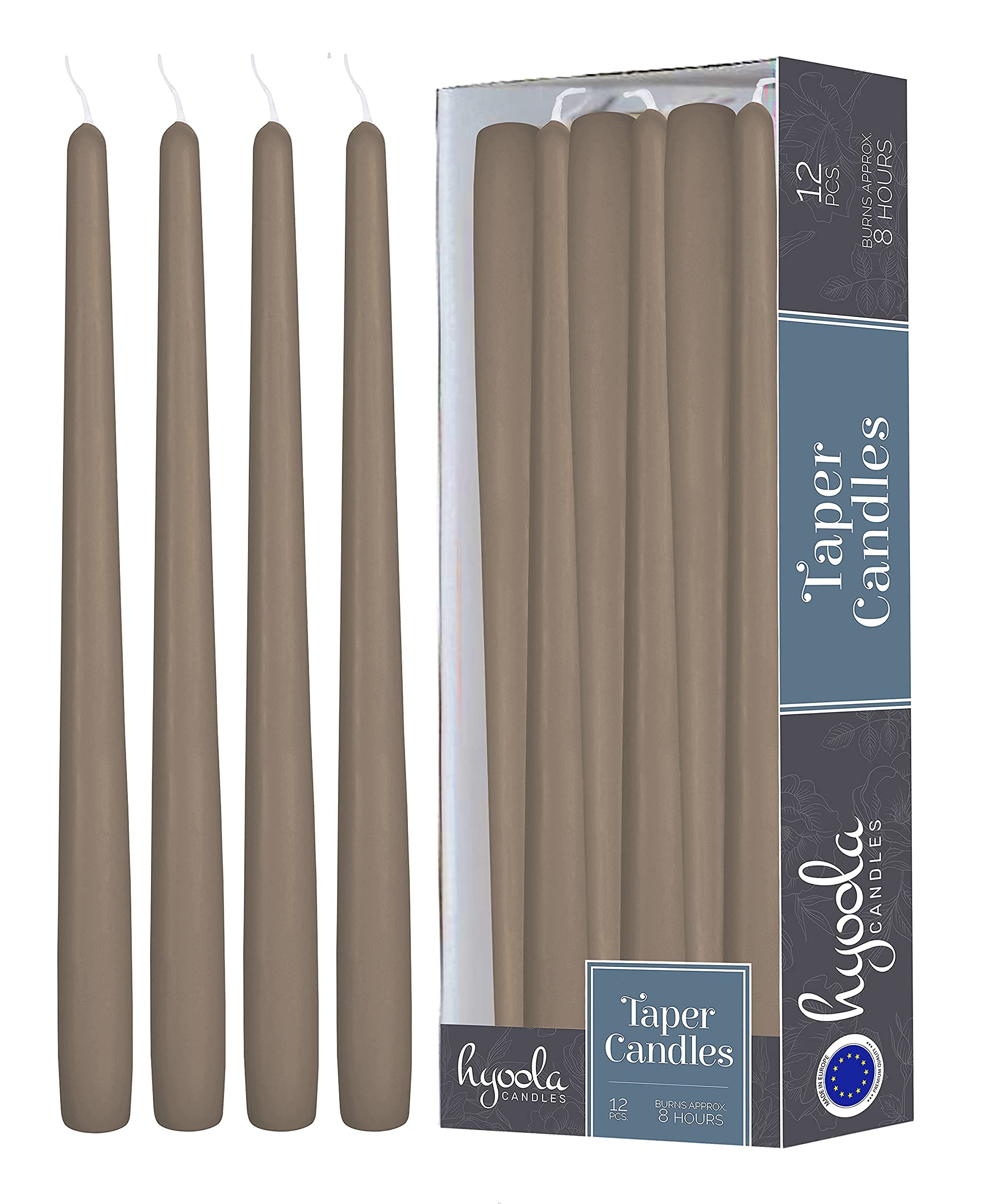 Hyoola Taupe Grey Taper Candles - 250 mm (10 Inch) Unscented Dripless Taper Candles - 8 Hour Burn Time - 12 Pack