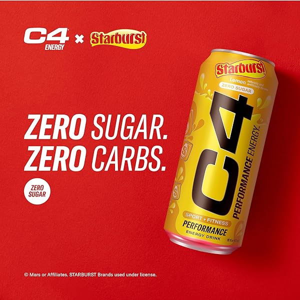 CELLUCOR C4 PERFORMANCE ENERGY DRINK | STARBURST LEMON | ZERO SUGAR CARBONATED PREWORKOUT ENERGY | 200MG CAFFEINE WITH BETA ALANINE | 16 FL OZ (12 PACK)