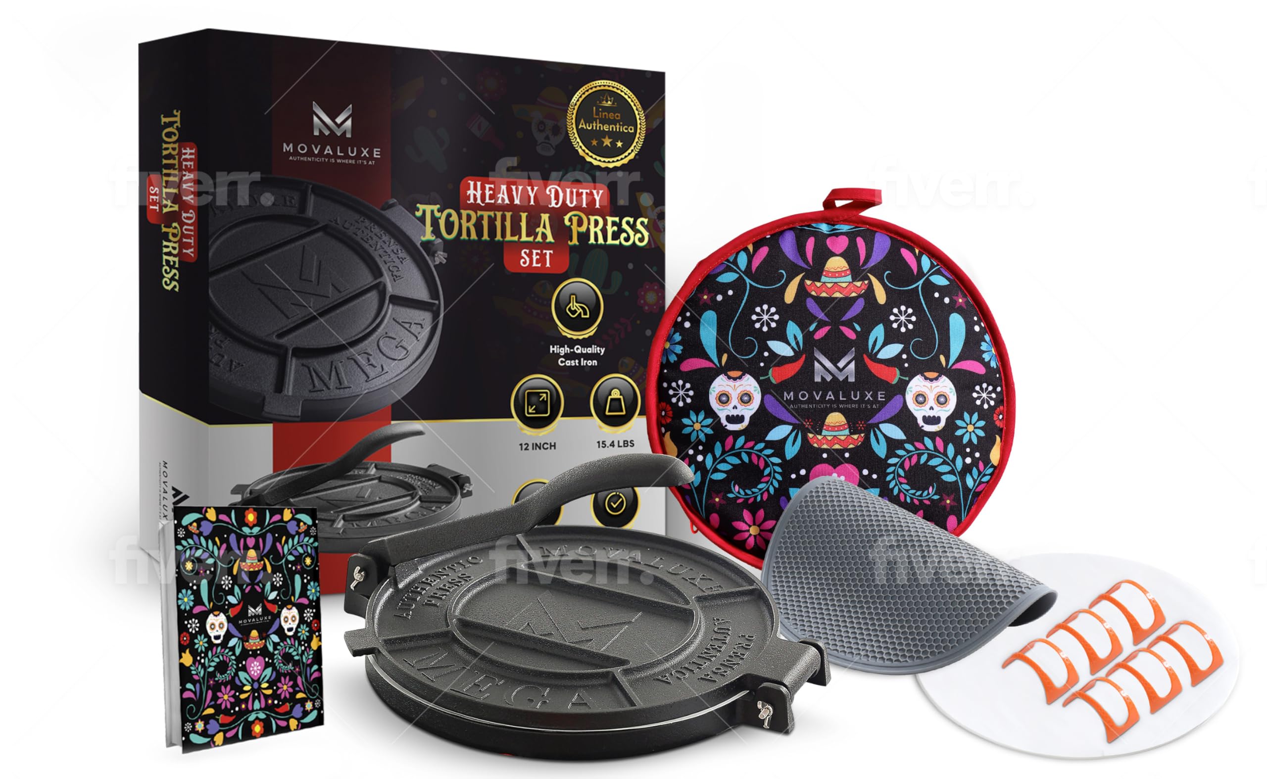 MOVALUXE® - Tortilla Press 12 inch Cast Iron Tortillas Maker. A Gift Set with a Warmer Pouch, 6 Taco Holders, Parchment Paper, Rubber Mat and Recipe E-book. The Perfect Roti, Chapati Dough Press