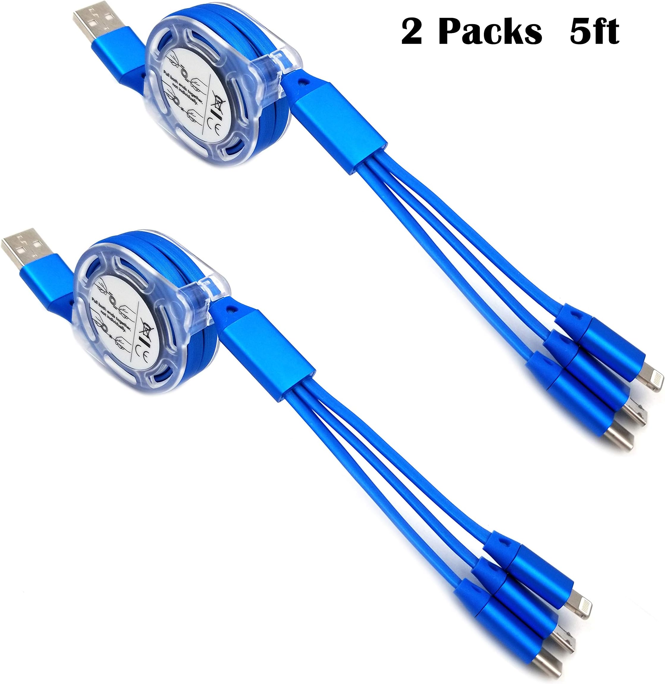 DeHasion 2 Packs 5ft 3 in 1 Charging Cable Retractable Multi Charger Cord Multiple USB Cable Micro USB Type C Universal 3 in 1 USB Cord for All Phones Samsung, Moto, BlackBerry, Nokia, LG, (Blue)