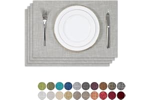 K KEVIN TEXTILE Kevin Textile Faux Linen Heat Resistant Placemats for Dining Table Set of 4, Easy to Clean Anti-Slip Place Mats, 13" x 19", Grey White