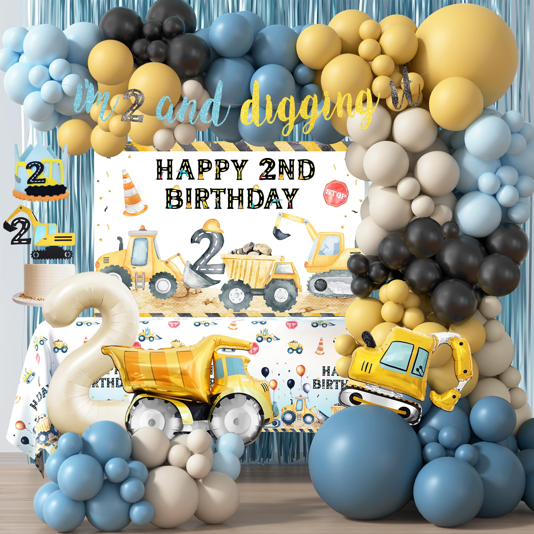 Photo 1 of Construction Birthday Party Supplies for 2 Year Old Boy, 2nd Birthday Decorations For Boys, Dump Truck 2nd Bday Backdrop, Cake Toppers, Balloon Garland, Tablecloth, Banner