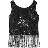 Noomelfish Girls Sequin Fringe Crop Tops Tassel Sparkly Glitter Dance Sleeveless Tank Shirt (5-12 Years)