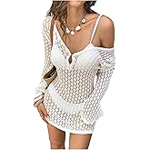 OYOANGLE Women's Crochet Beach Cover Up Long Sleeve Hollow Out Swim Dress Mesh Bathing Suit Coverups