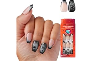 KISS imPRESS Halloween Press On Nails, ‘Bad Idea right’, Black, Medium Coffin, Glossy Finish, No Glue, Glow-In-The-Dark, Includes Prep Pad, Mini Nail File, Manicure Stick & 30 Fake Nails