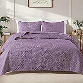 Exclusivo Mezcla Quilts Queen Size Bedding Set with 2 Pillow Shams, Lightweight Dusty Lavender Full Queen Quilt Bedspread with Vintage Damask Pattern, Soft Bedspreads Coverlets for All Seasons