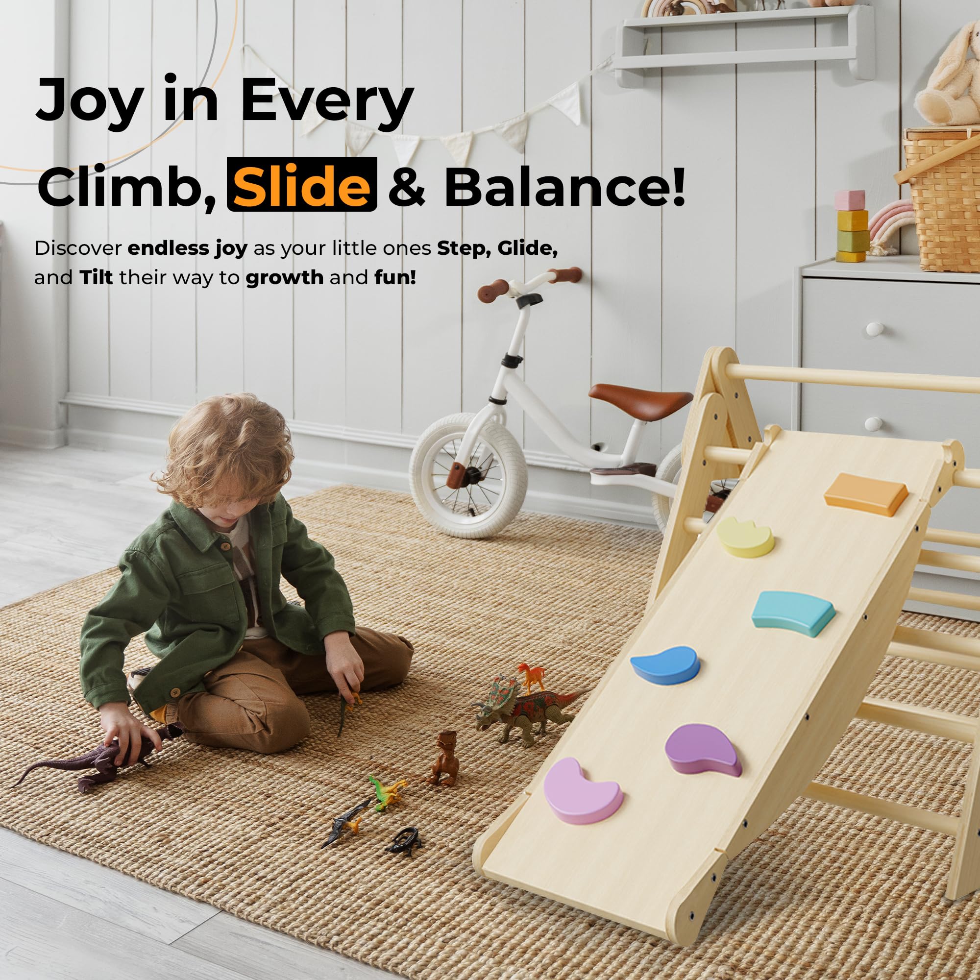 6 in 1 Toddler Climbing Toys Indoor - Safe Montessori Climbing Set with Foldable Pikler Triangle Ladder, Reversible Baby Climber Indoor Gym Rock, Kids Climbing Toys - Toddler Indoor Playground