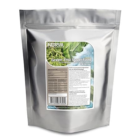 NuraFit Green Trio Presslinge - 500g / 0.5 kg - Rohkostqualität - Tabs aus 100% reinem Gerstengras, Chlorella & Spirulina - v