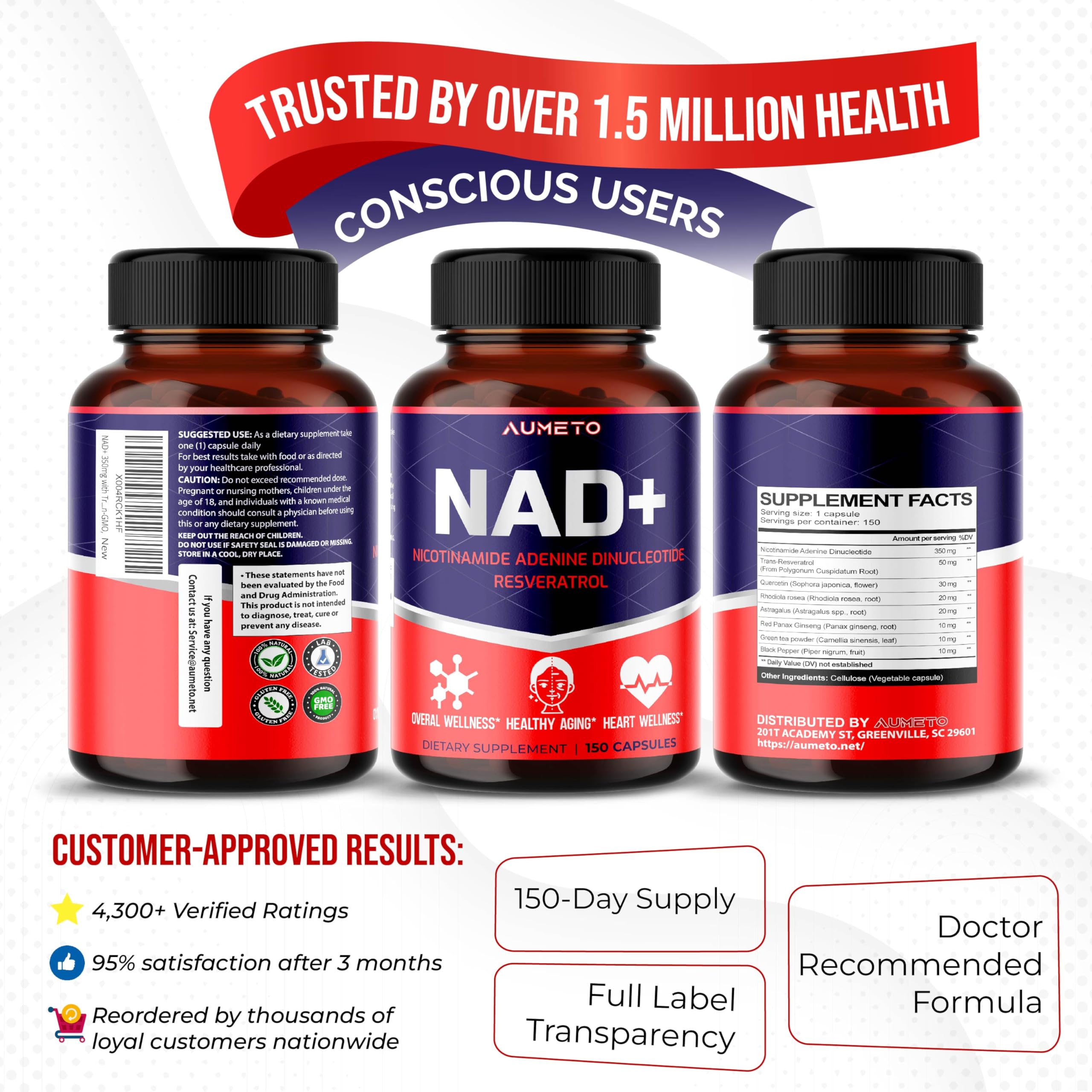 NAD+ 350mg with Trans-Resveratrol, Quercetin & Rhodiola – Cellular Energy, Healthy Aging & Heart Wellness – 90 Capsules – Non-GMO, Made in USA