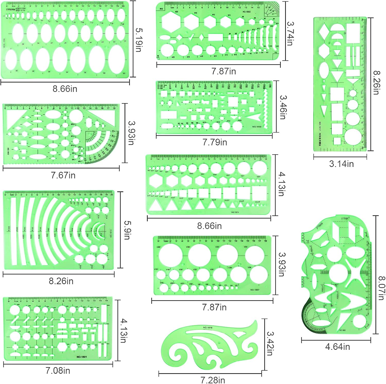 11PCS Geometric Drawings Templates, Drafting Stencils Measuring Tools, BetyBedy Plastic Clear Green Ruler Shapes with a Zipper Bags for Architecture, Office, Studying, Designing and Building : Kitchen & Dining