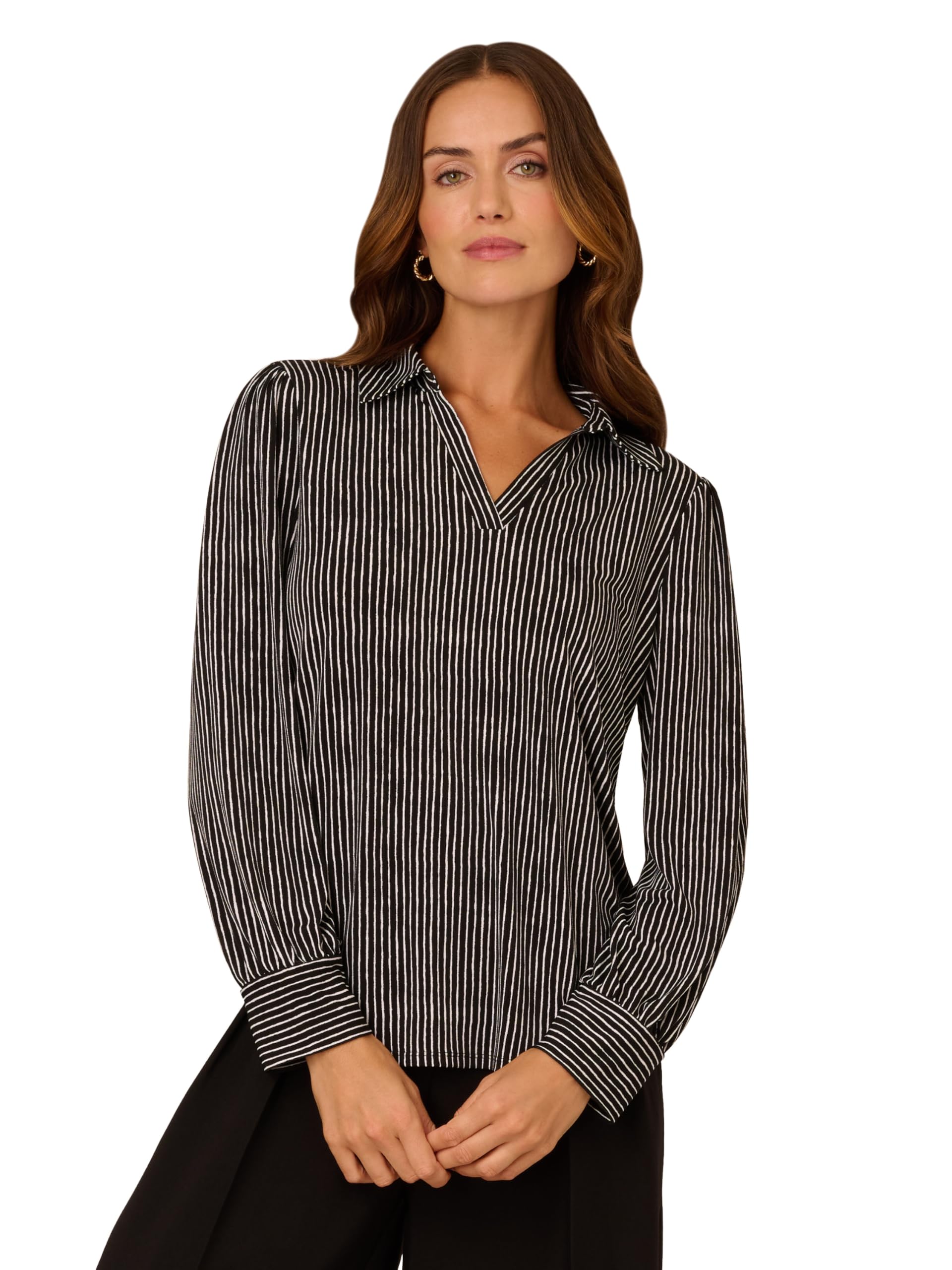 Adrianna Papell Women’s Print Collared V-Neck Knit Top, Black Ripple Stripe